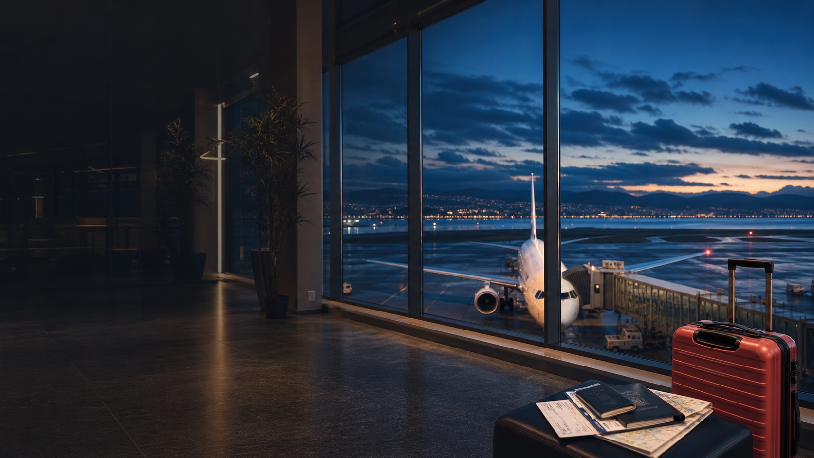 A carry-on suitcase overlooking an airport runway at blue hour