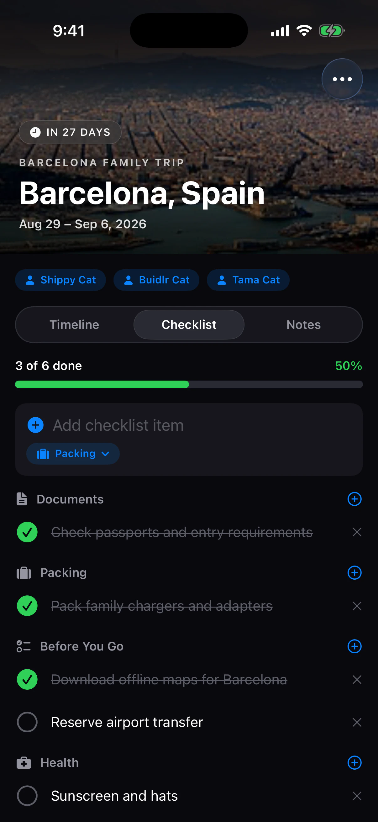 A DepartBuddy trip checklist organized into documents, clothing, and essentials