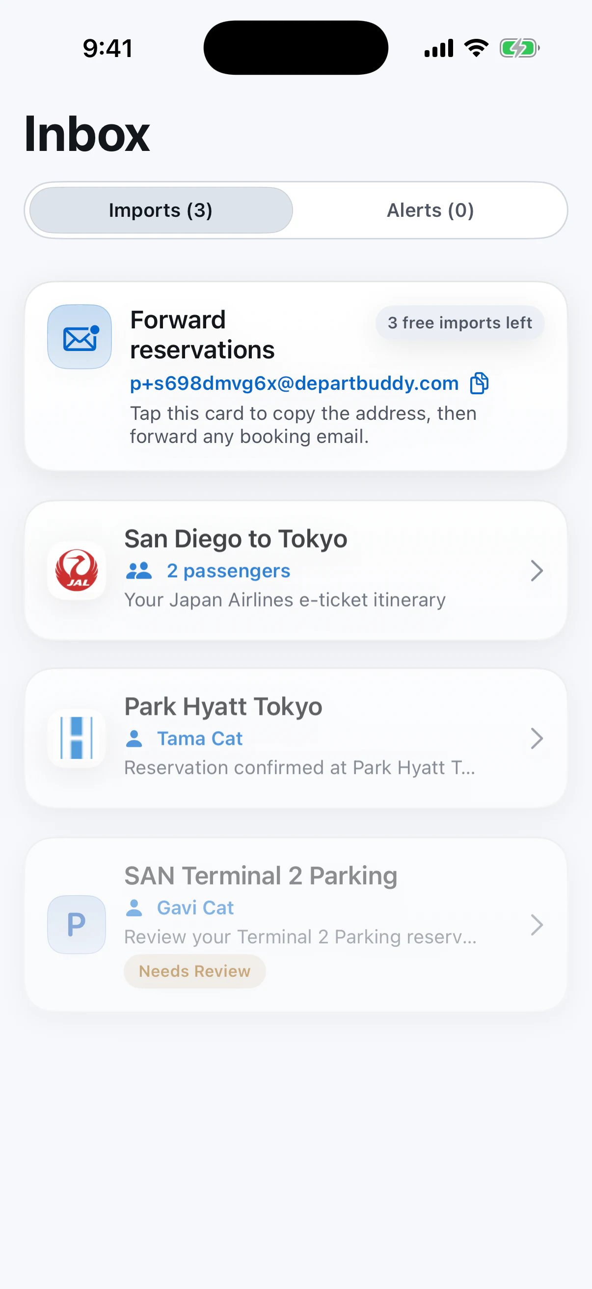 DepartBuddy Inbox showing the remaining free import allowance and three reservations ready to review