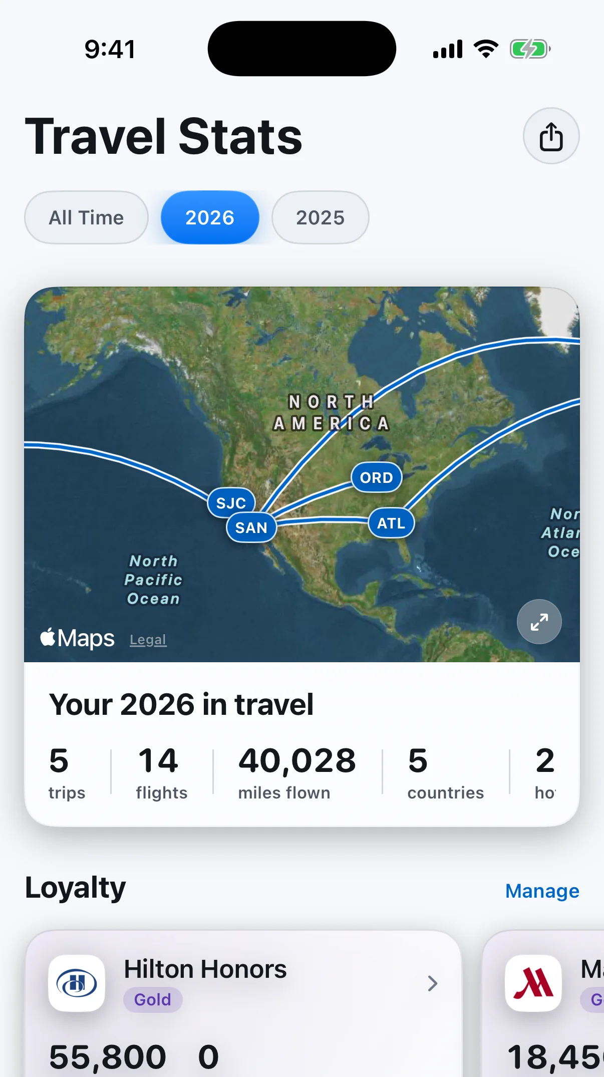 DepartBuddy Travel Stats with a route map, trip totals, distance, and loyalty program summaries