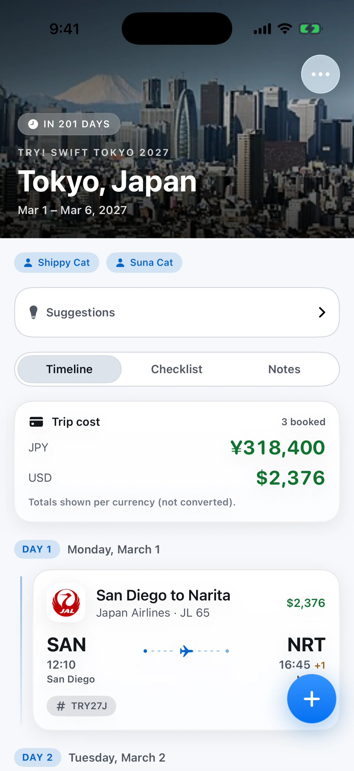 A DepartBuddy Tokyo trip with suggestions, honest currency totals, and a next-day flight arrival