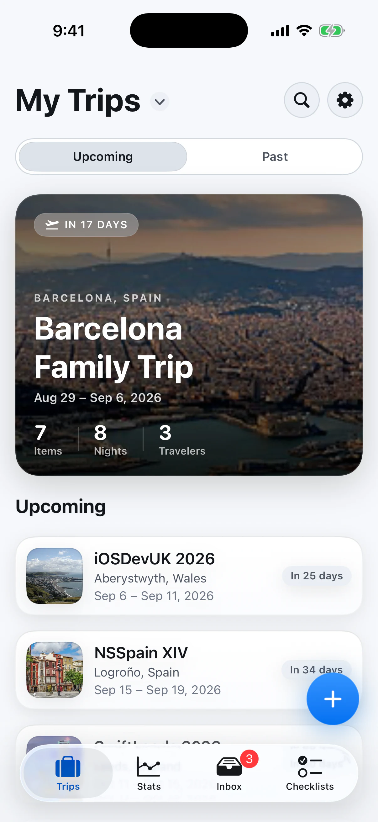 DepartBuddy My Trips showing a Barcelona family trip, search, and upcoming travel